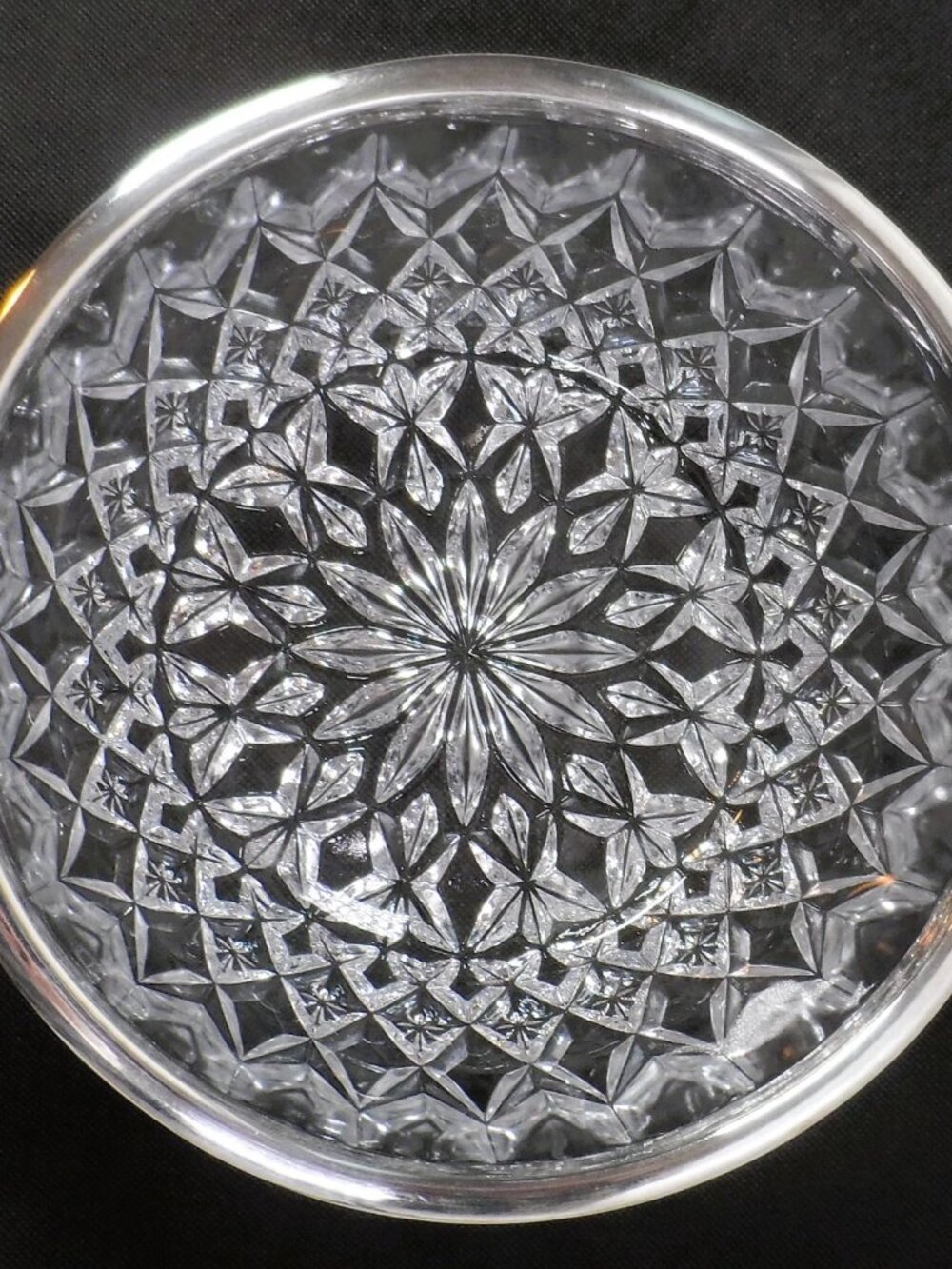 Crystal Cut Glass Bowl Starburst Pattern Silver Plated Rim 8.25" Vintage